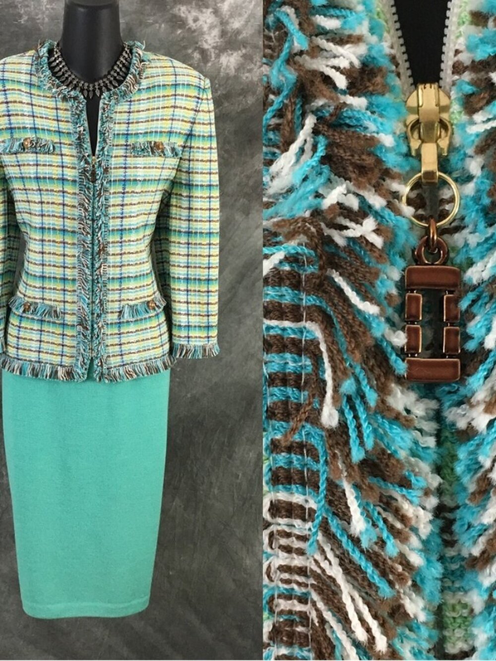 BEAUTIFUL St John collection knit Teal green blue multi jacket skirt suit 8 10